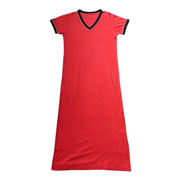 70s 80s Vintage T-shirt Dress Maxi Ringer V-neck Soft Thin Contrast Collar. - Picture 5 of 9